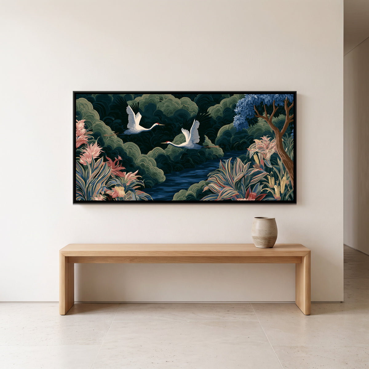 Chinoiserie Cranes — canvas art shown in a second room setting