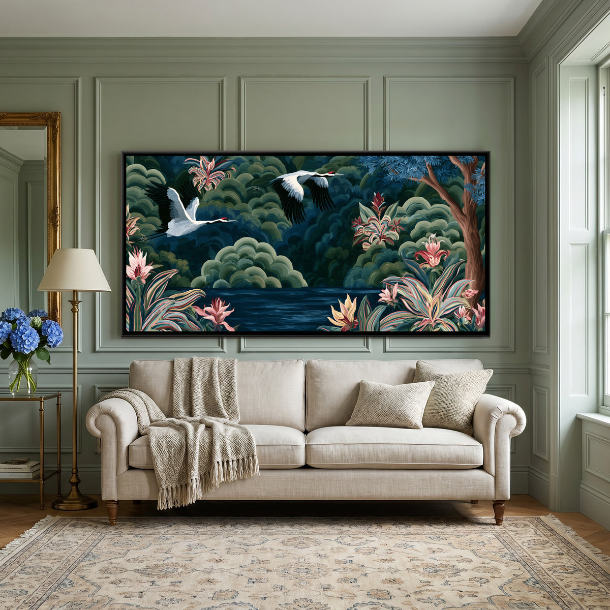 Chinoiserie Cranes — canvas art shown in a styled room
