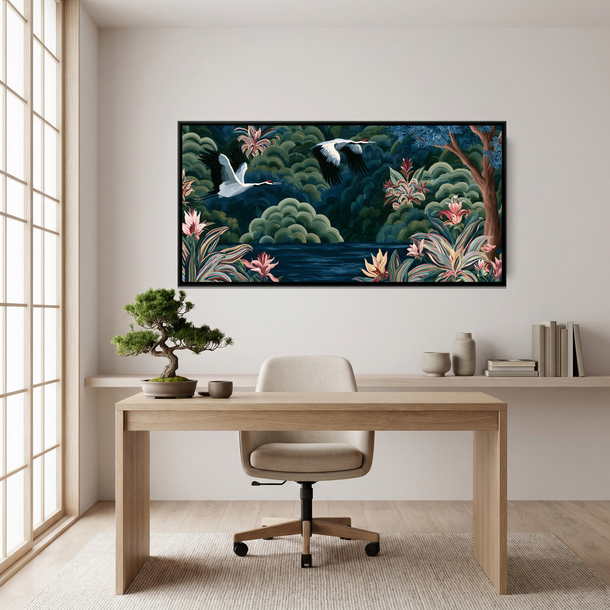 Chinoiserie Cranes — canvas art shown in a second room setting