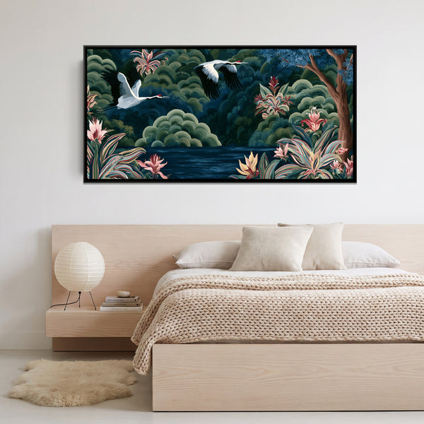 Chinoiserie Cranes — framed canvas art hung on a wall