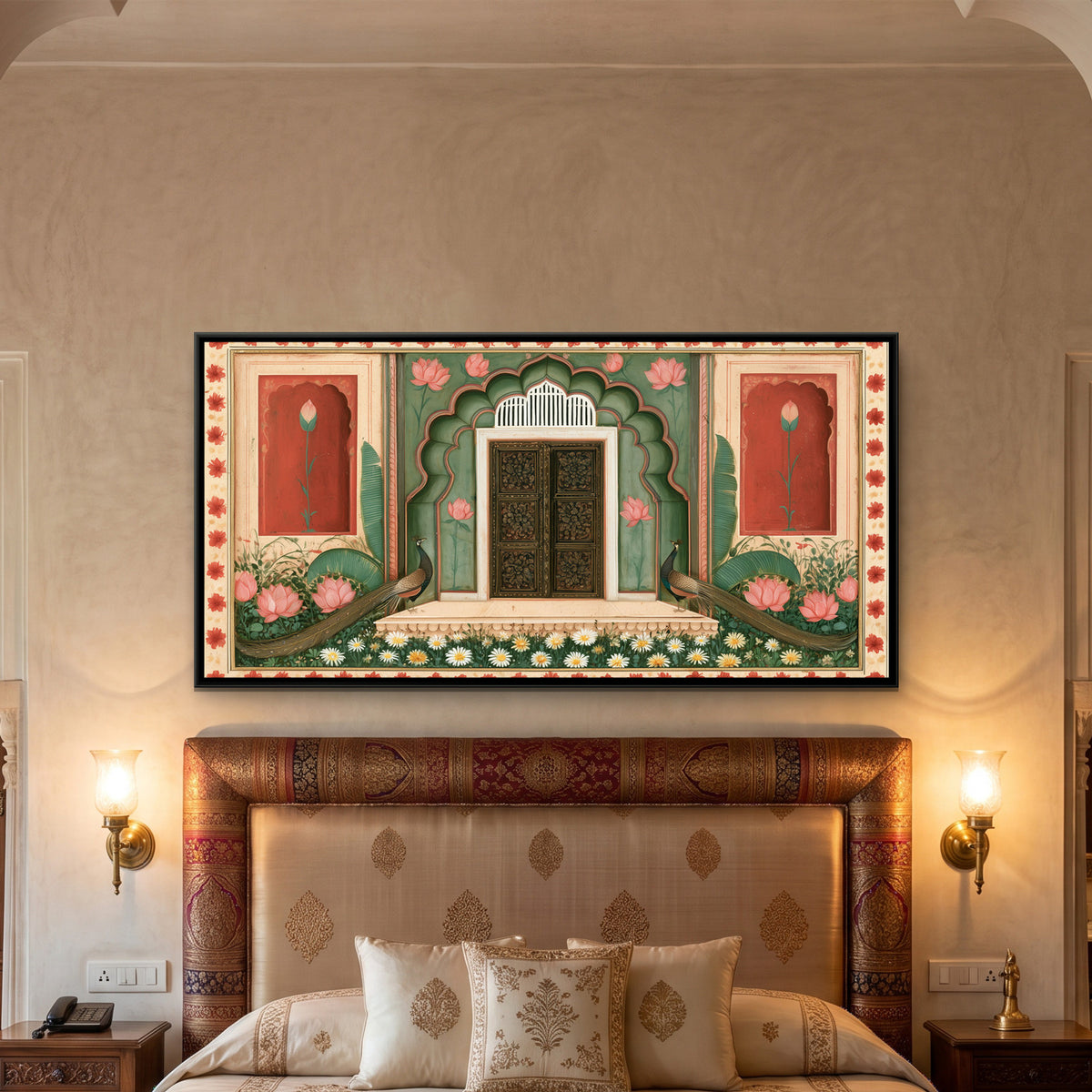 Mughal Door with Peacocks — framed canvas art hung on a wall