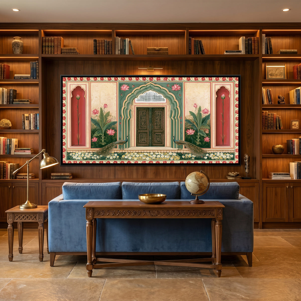 Mughal Door with Peacocks — canvas art shown in a second room setting