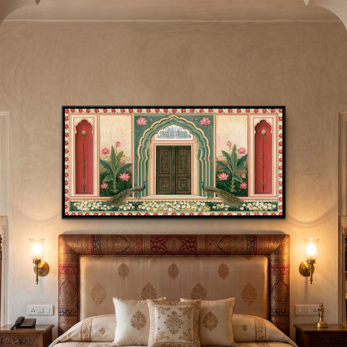 Mughal Door with Peacocks — framed canvas art hung on a wall
