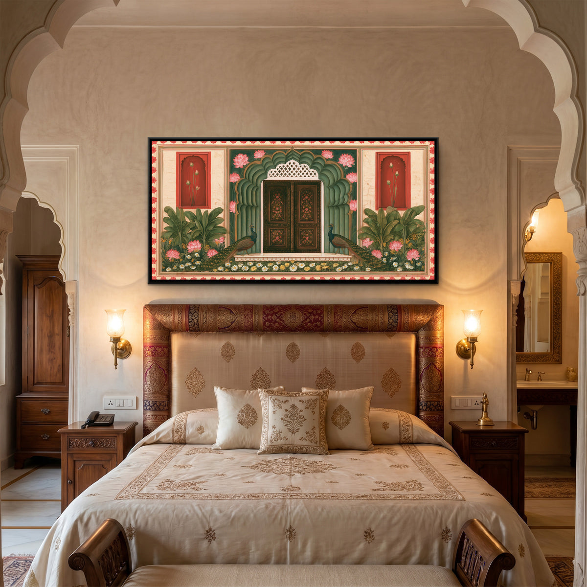 Mughal Door with Peacocks — canvas art shown in a styled room