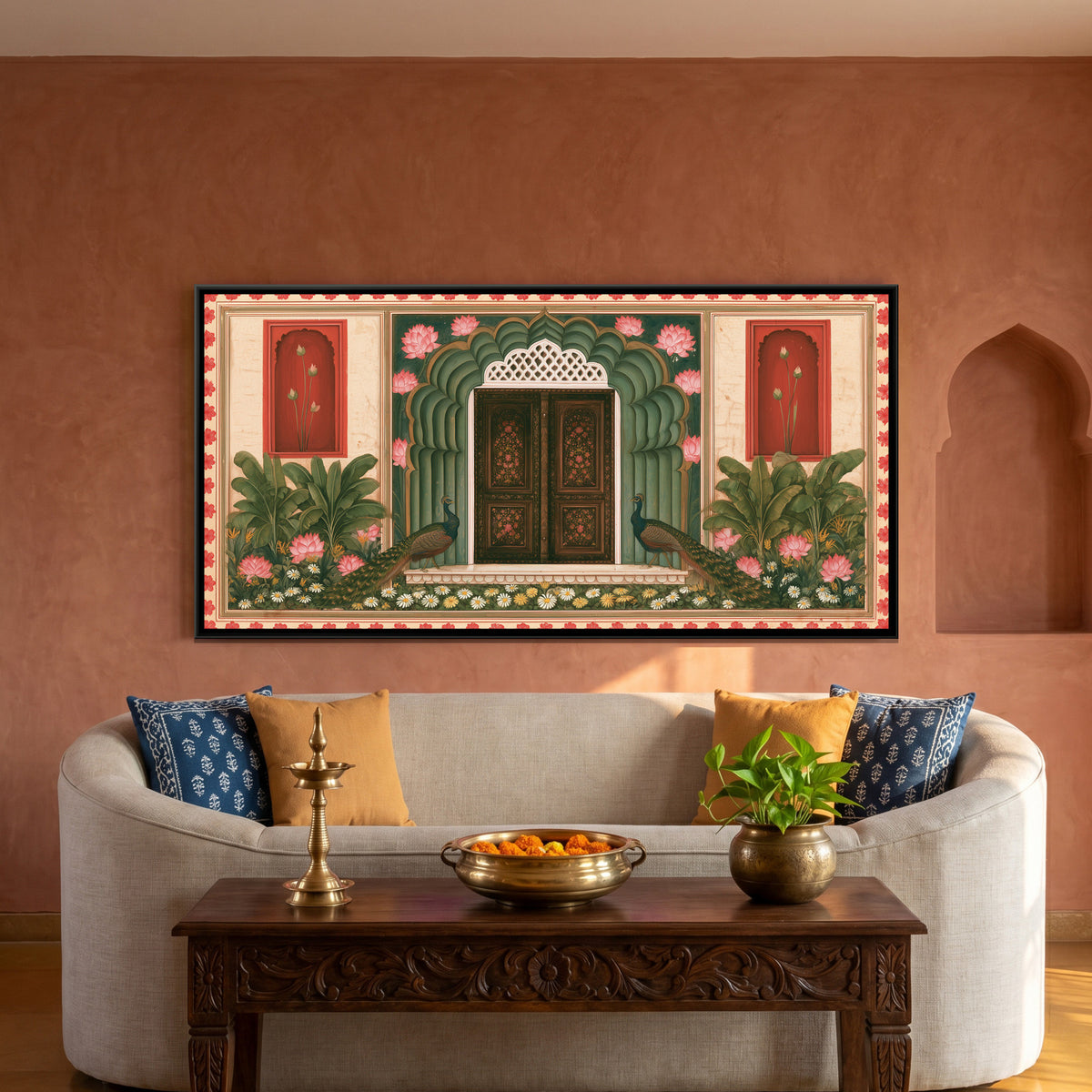 Mughal Door with Peacocks — framed canvas art hung on a wall