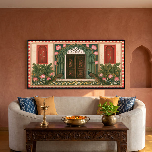 Mughal Door with Peacocks — framed canvas art hung on a wall