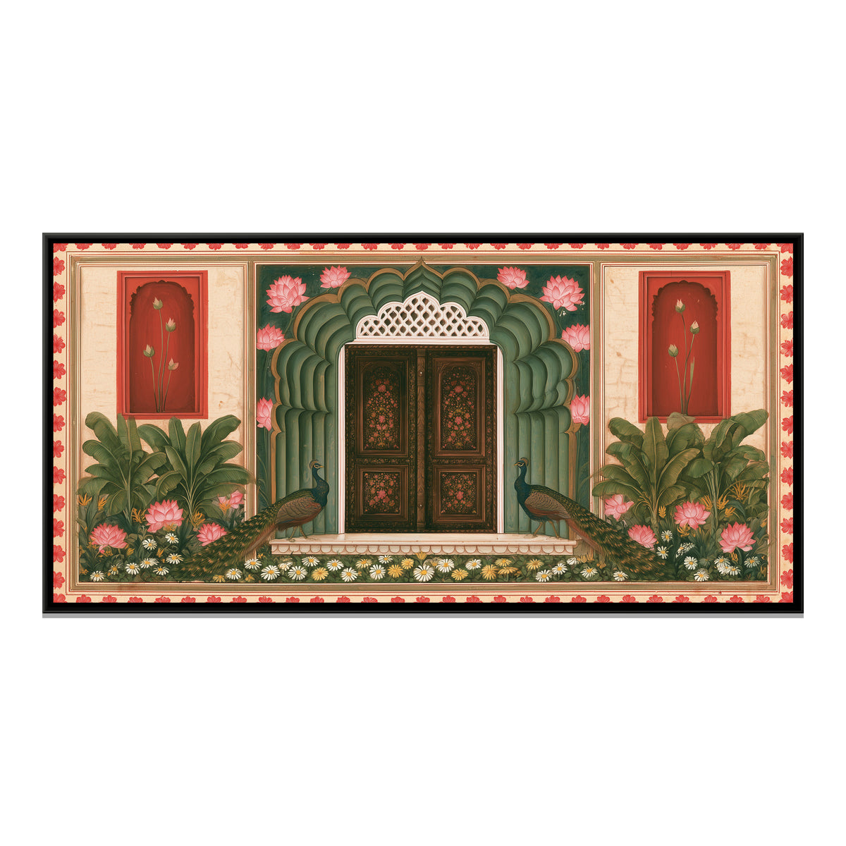 Mughal Door with Peacocks — framed canvas print, front view