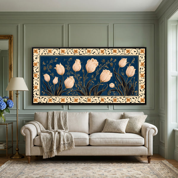Mughal Tulips — framed canvas art hung on a wall