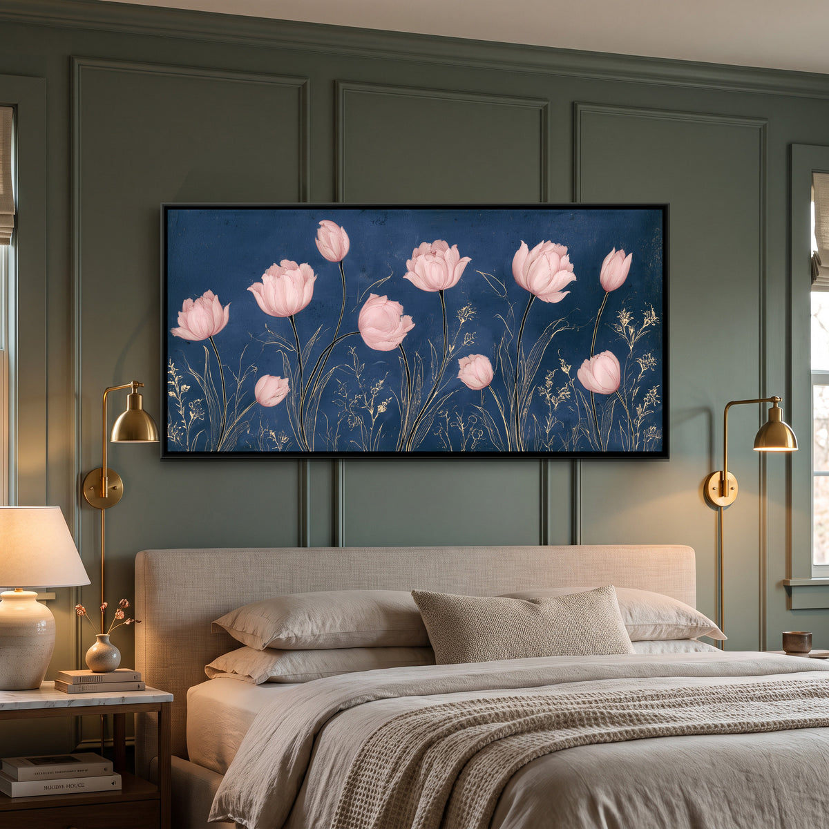 Mughal Tulips — canvas art shown in a styled room