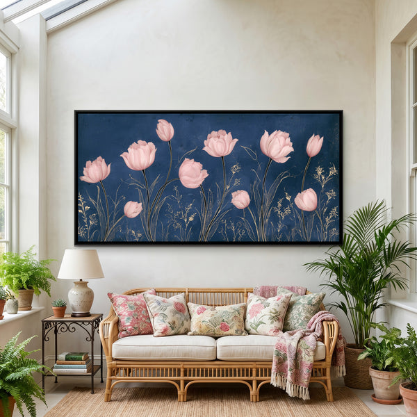 Mughal Tulips — framed canvas art hung on a wall
