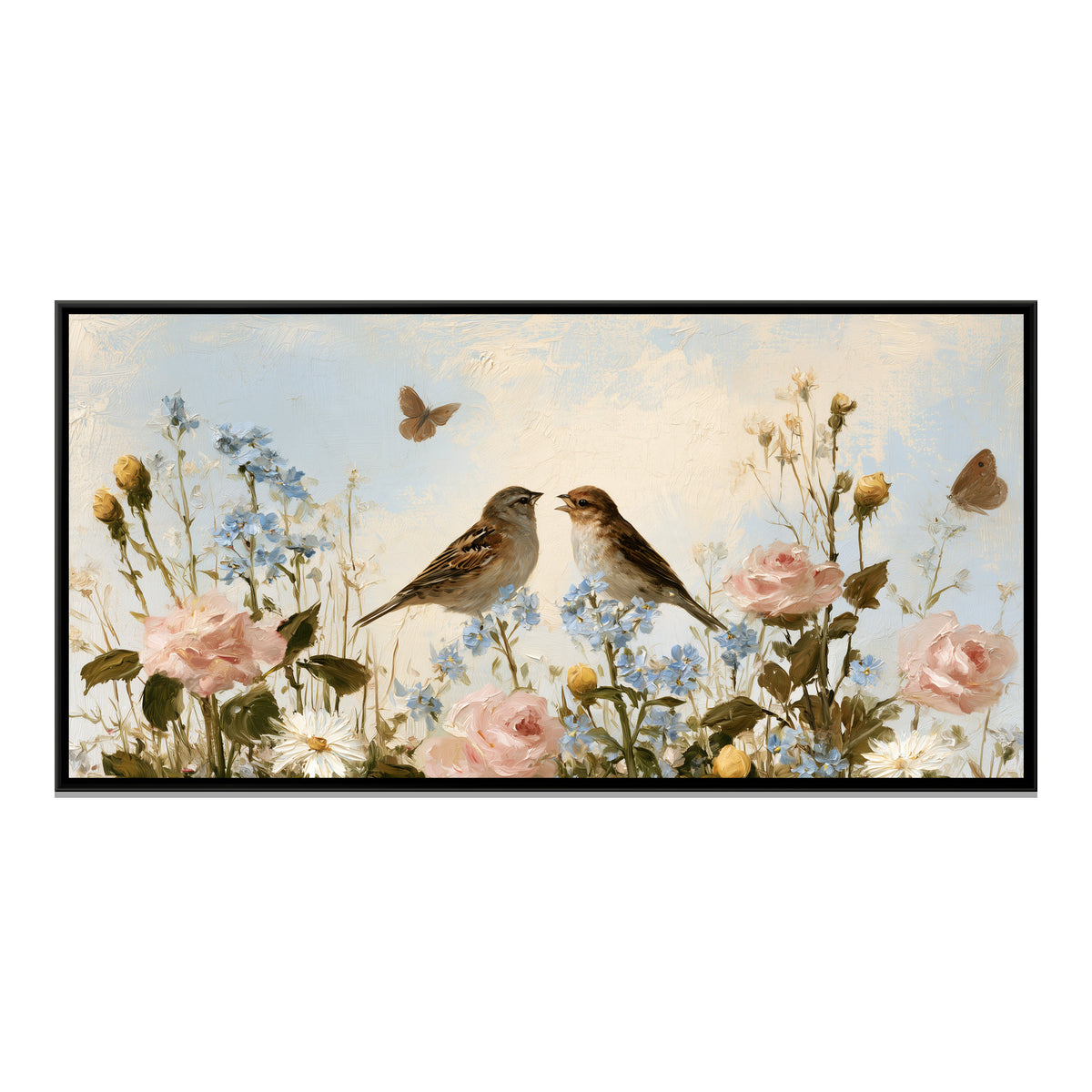 Sparrows and Wildflowers — framed canvas print, front view