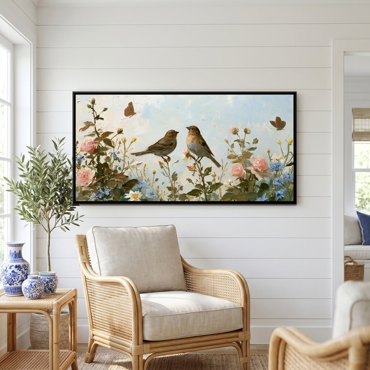 Sparrows and Wildflowers — canvas art shown in a second room setting