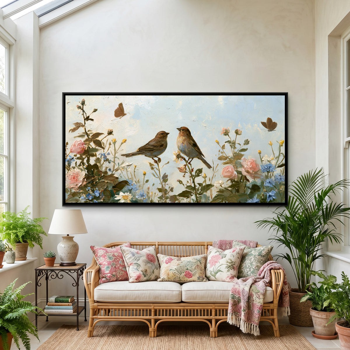 Sparrows and Wildflowers — framed canvas art hung on a wall