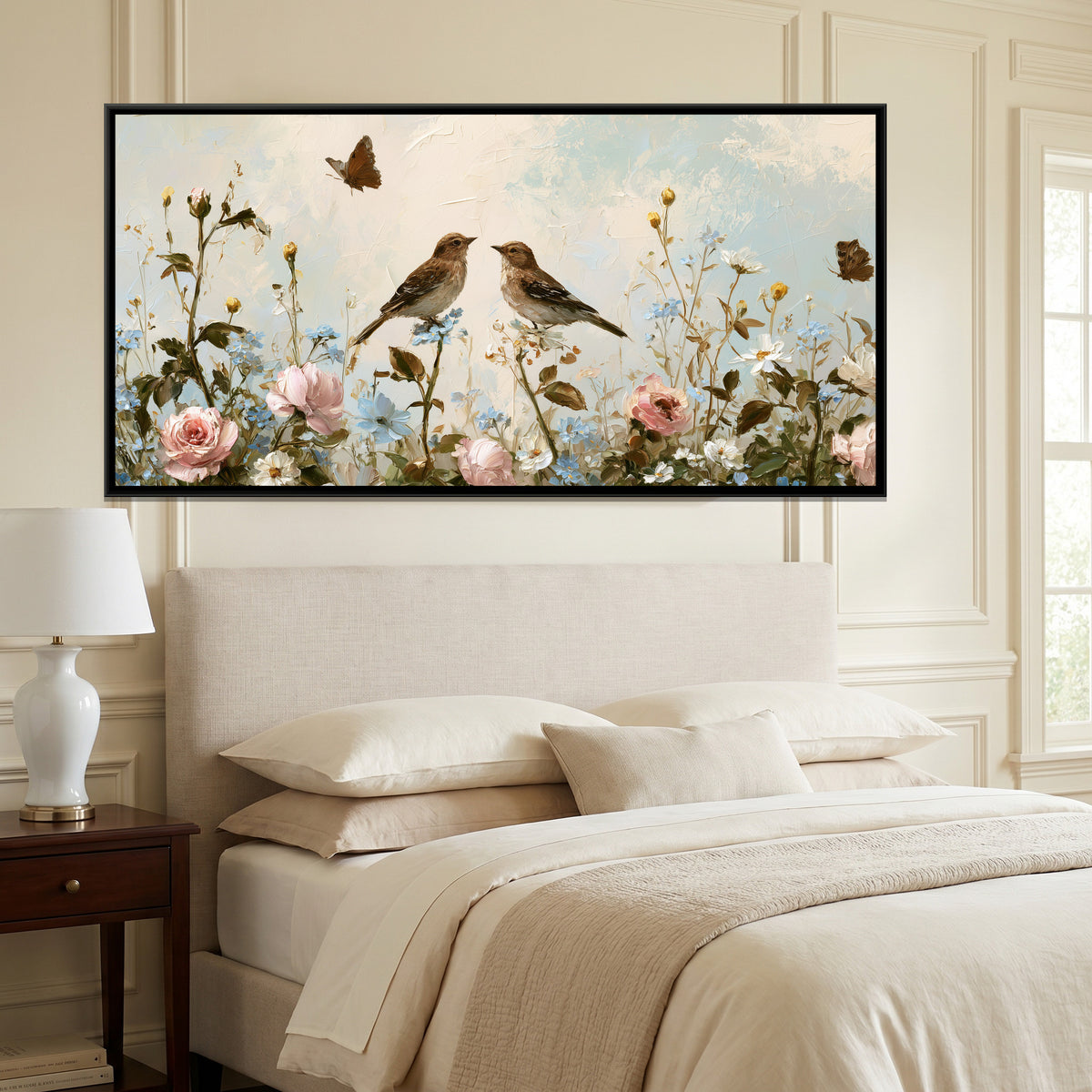 Sparrows and Wildflowers — framed canvas art hung on a wall
