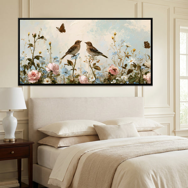 Sparrows and Wildflowers — framed canvas art hung on a wall