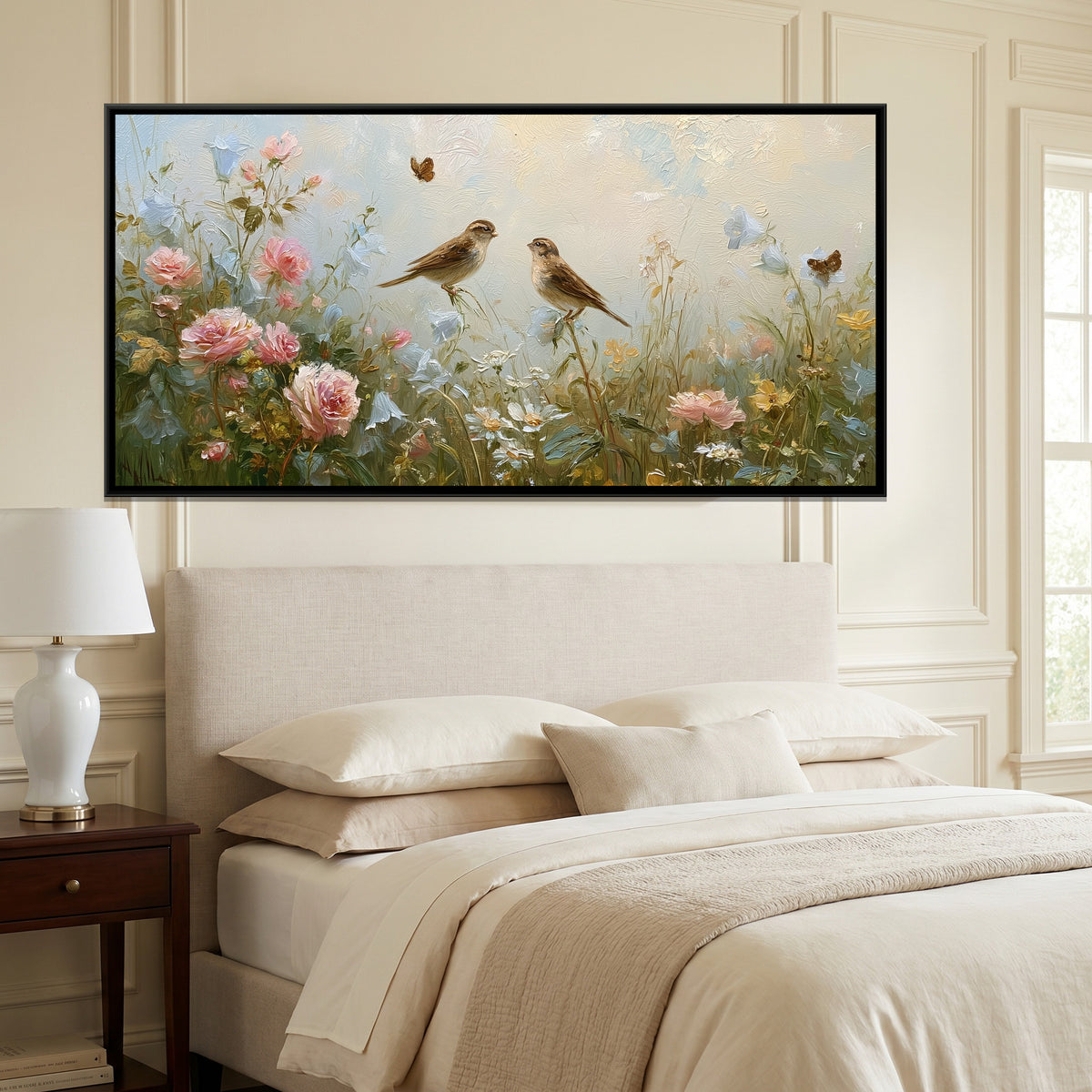 Sparrows and Wildflowers — canvas art shown in a second room setting