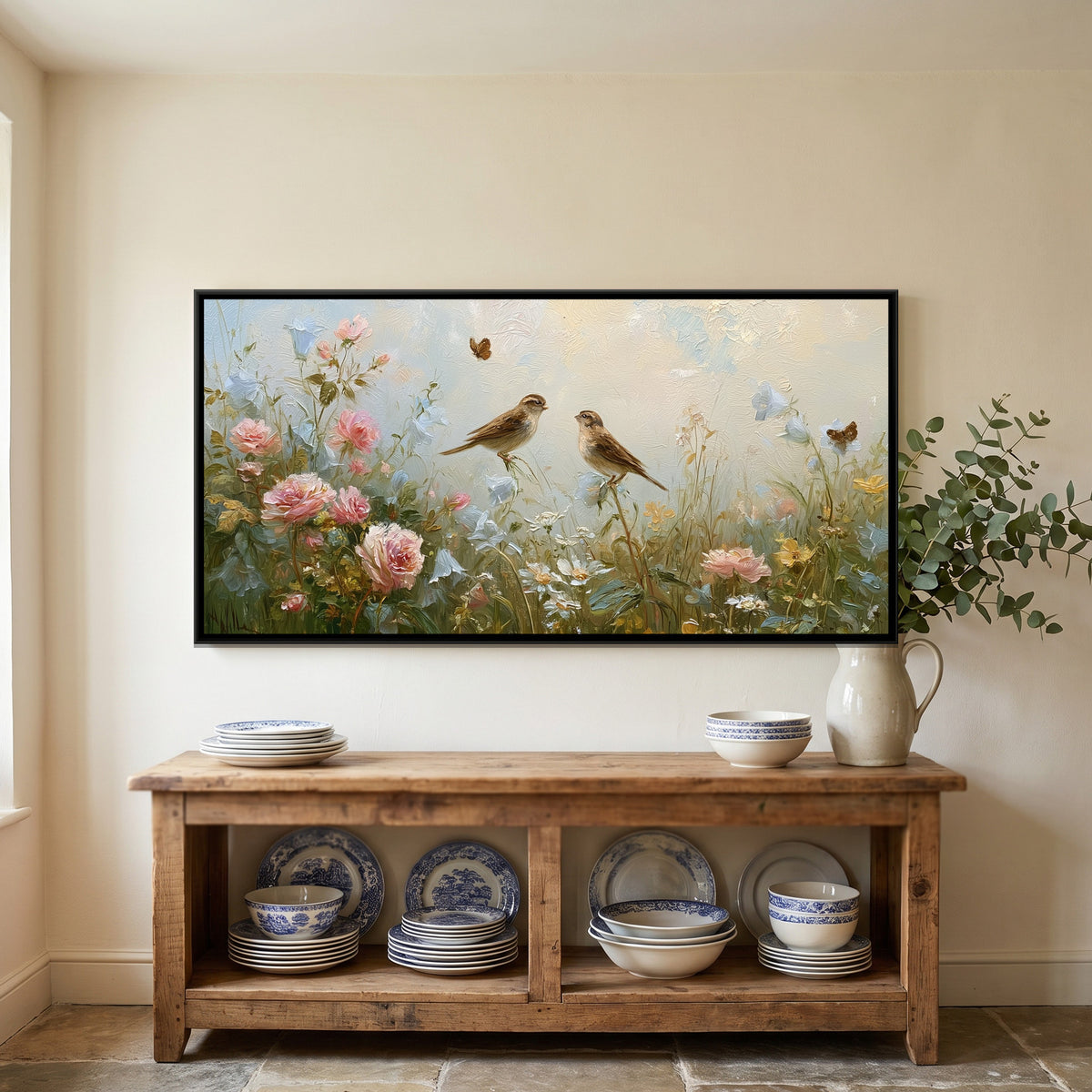 Sparrows and Wildflowers — framed canvas art hung on a wall