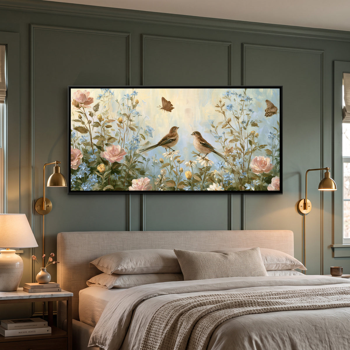 Sparrows and Wildflowers — canvas art shown in a styled room
