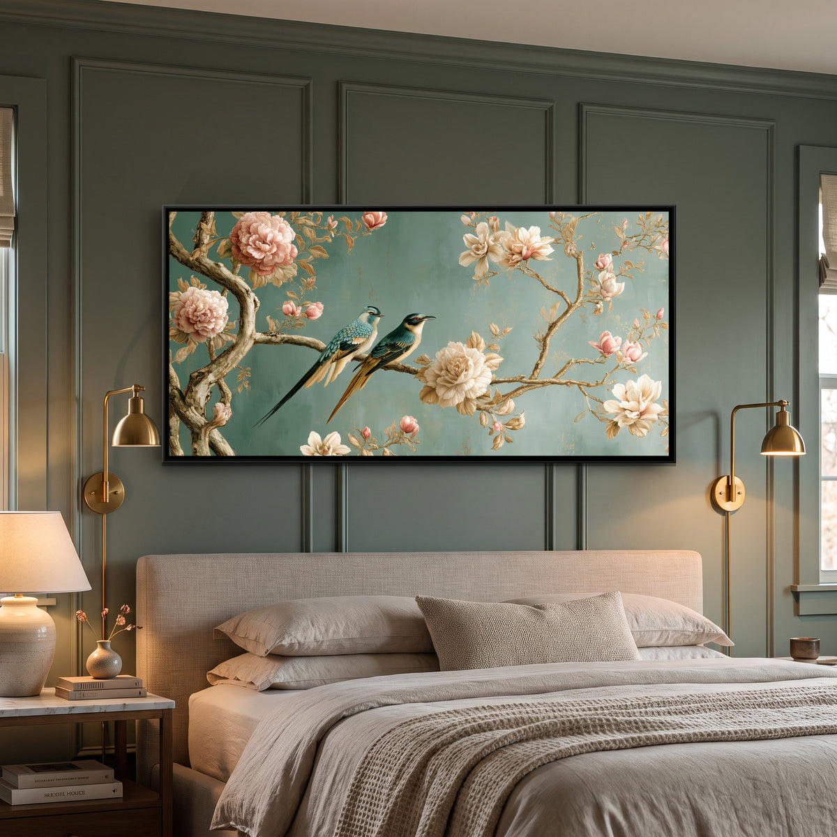 Chinoiserie Birds and Flowers — canvas art shown in a styled room