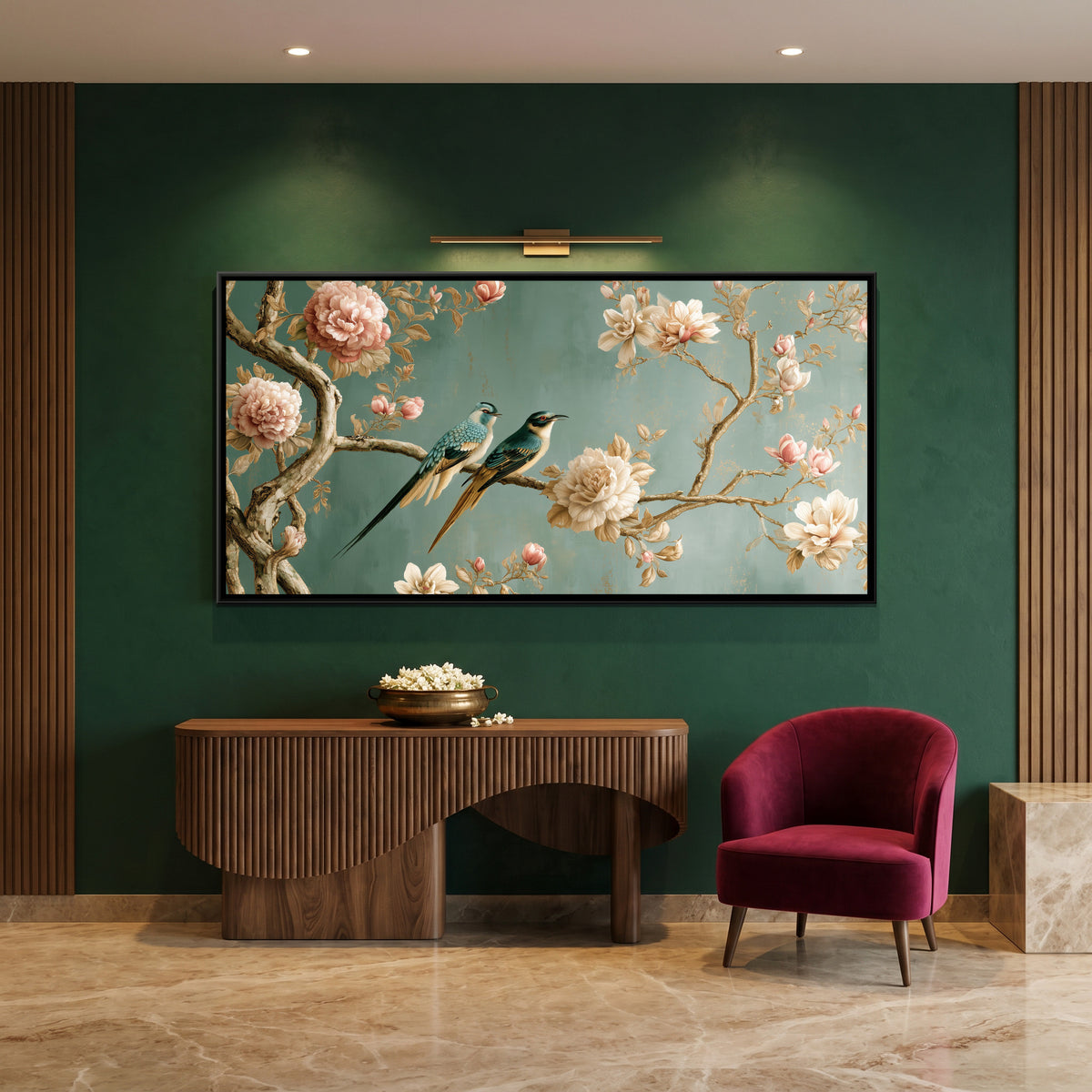 Chinoiserie Birds and Flowers — canvas art shown in a second room setting