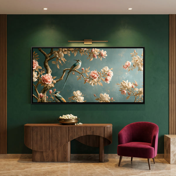 Chinoiserie Birds and Blossoms — framed canvas art hung on a wall