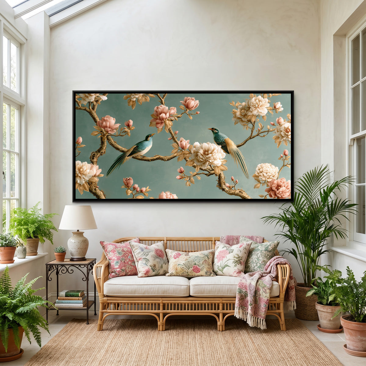 Chinoiserie Birds and Blossoms — canvas art shown in a second room setting