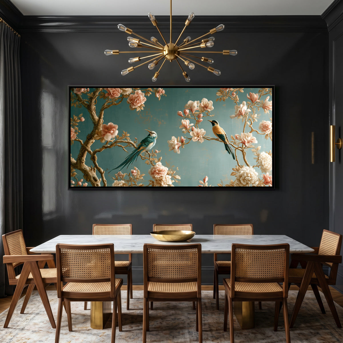 Chinoiserie Birds and Blossoms — canvas art shown in a styled room