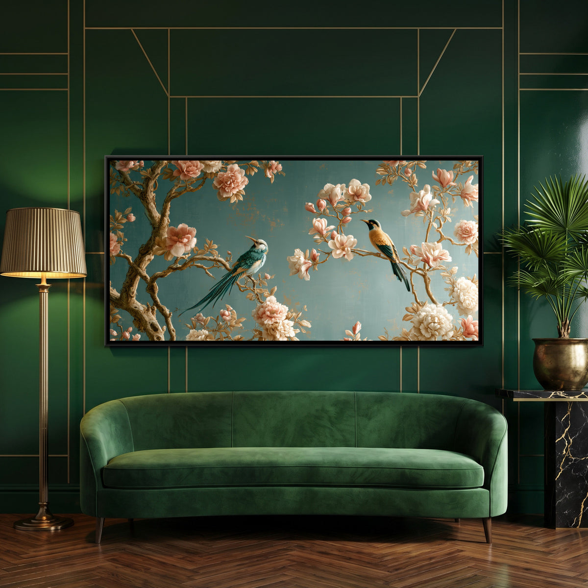 Chinoiserie Birds and Blossoms — framed canvas art hung on a wall