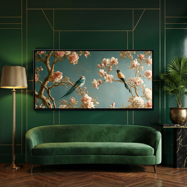 Chinoiserie Birds and Blossoms — framed canvas art hung on a wall