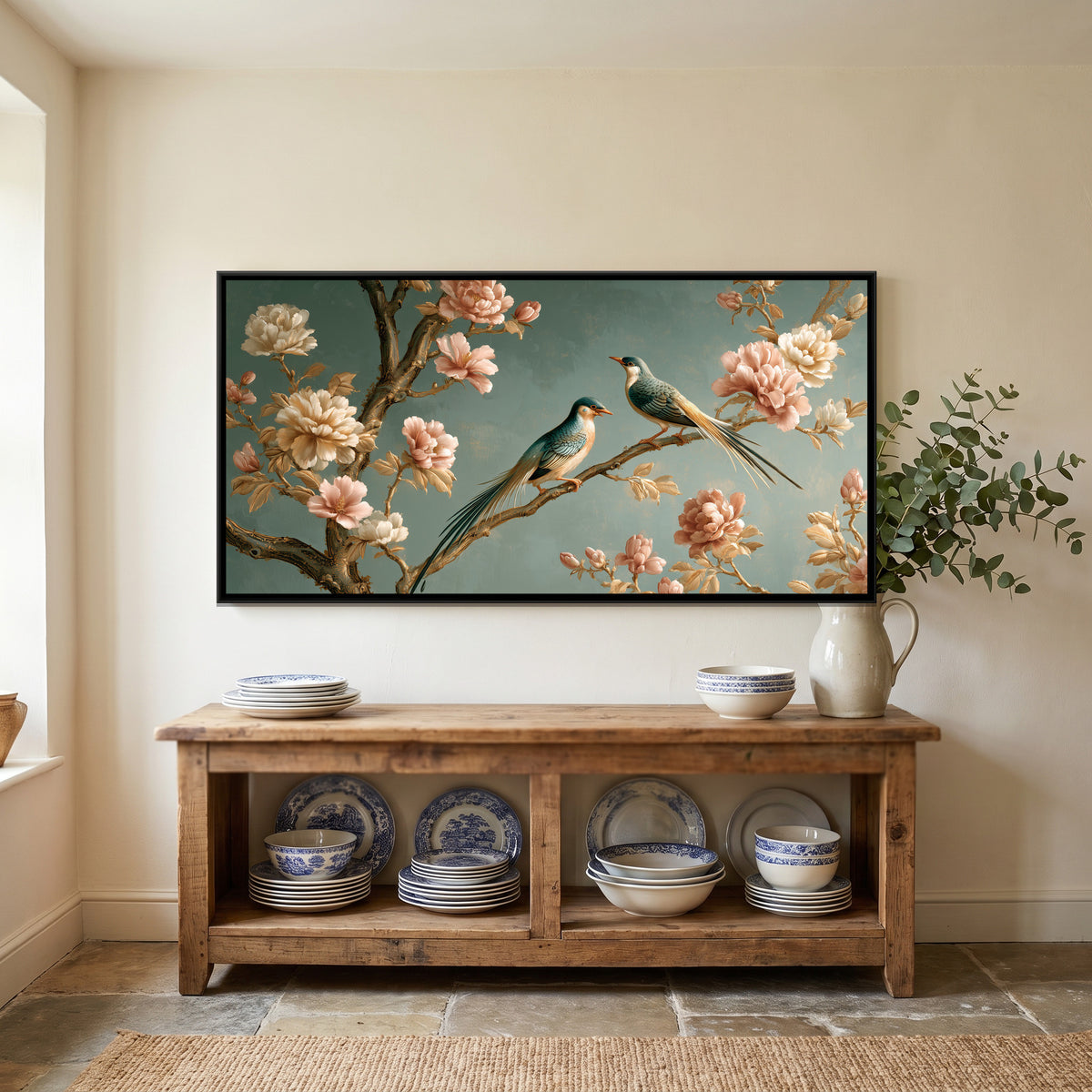 Chinoiserie Birds and Blossoms — canvas art shown in a styled room