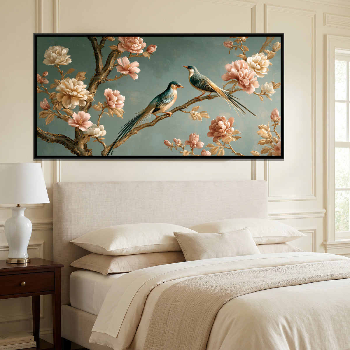 Chinoiserie Birds and Blossoms — canvas art shown in a second room setting