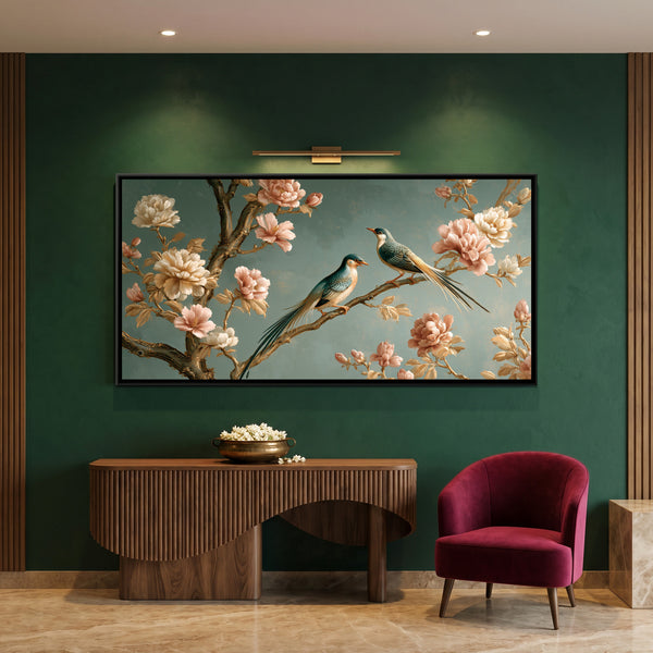 Chinoiserie Birds and Blossoms — framed canvas art hung on a wall