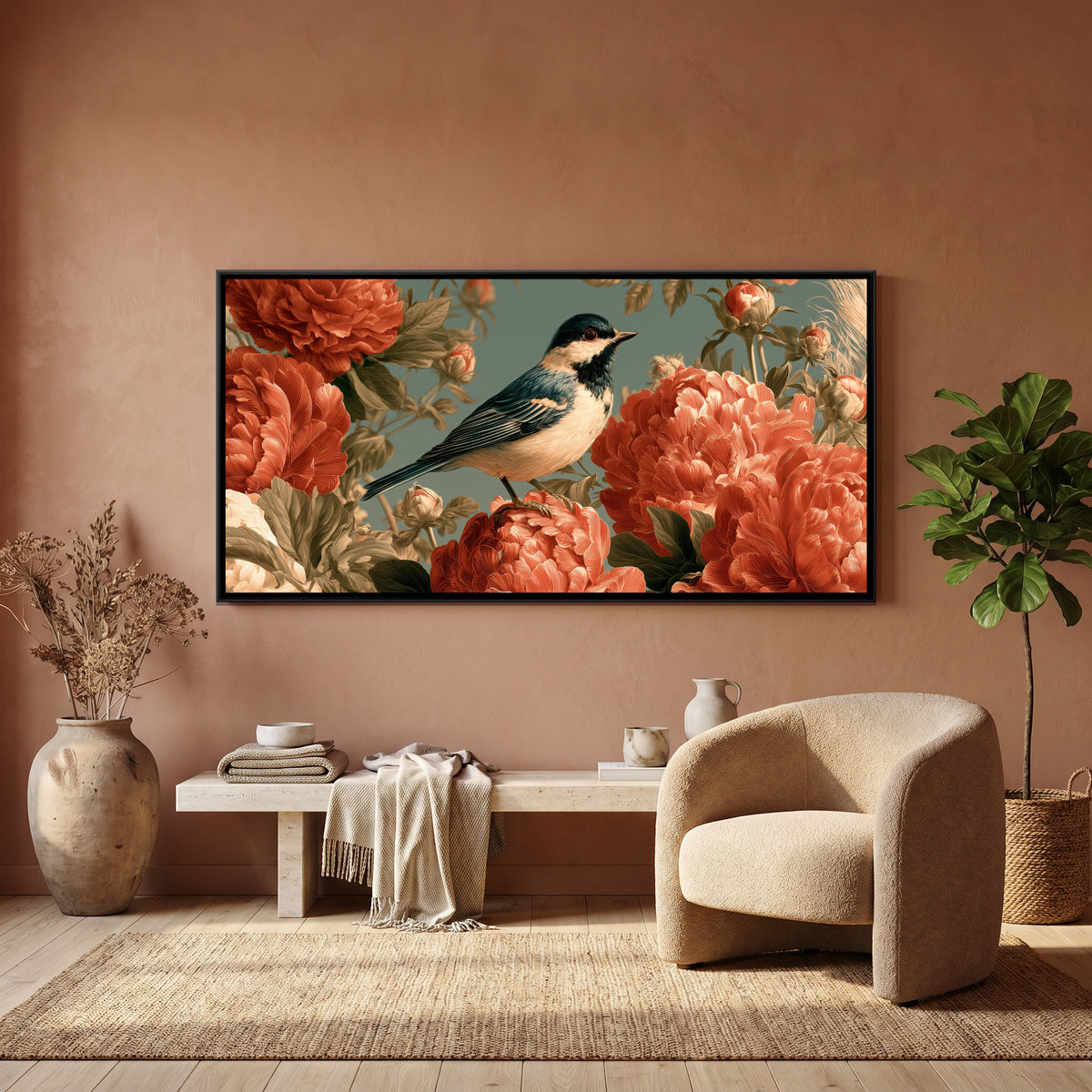 Bird and Peonies — canvas art shown in a second room setting