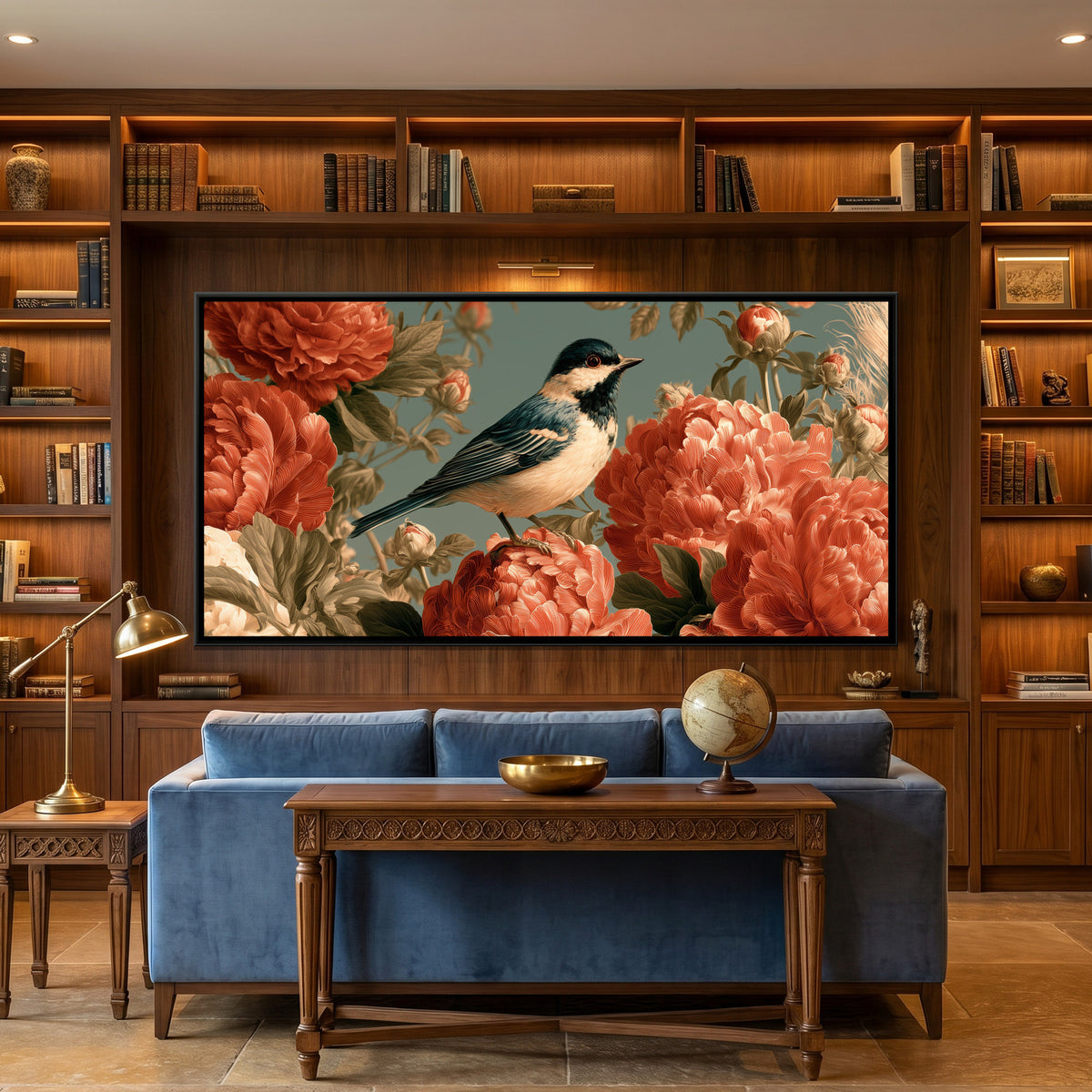 Bird and Peonies — framed canvas art hung on a wall