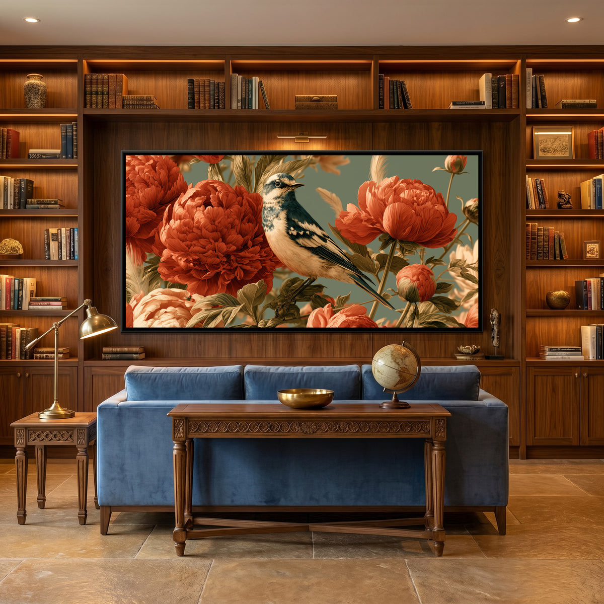 Bird and Peonies — canvas art shown in a second room setting