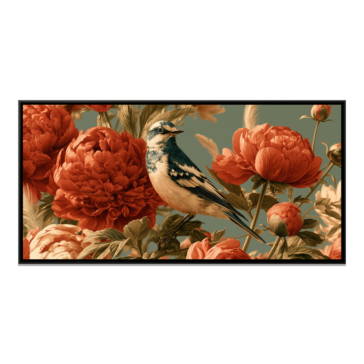 Bird and Peonies — framed canvas print, front view