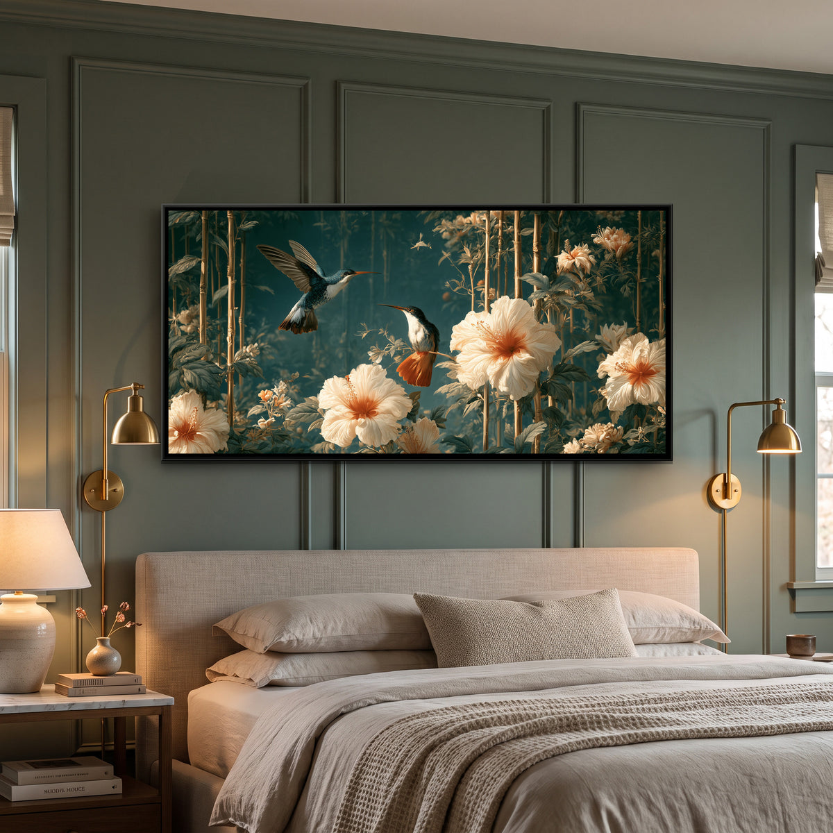 Chinoiserie Hummingbirds — canvas art shown in a styled room