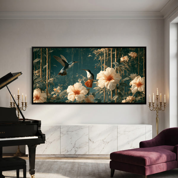 Chinoiserie Hummingbirds — framed canvas art hung on a wall