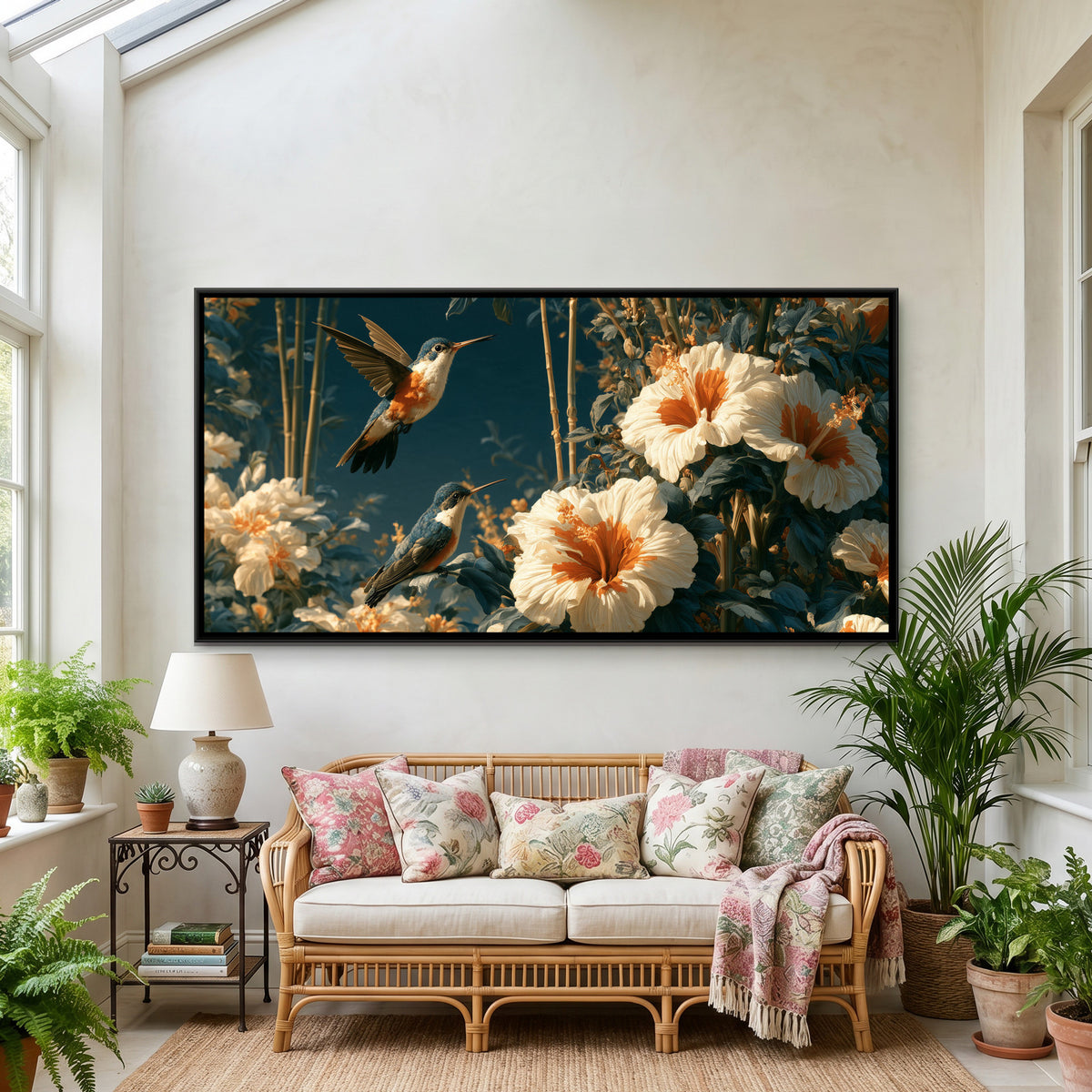 Chinoiserie Hummingbirds — framed canvas art hung on a wall