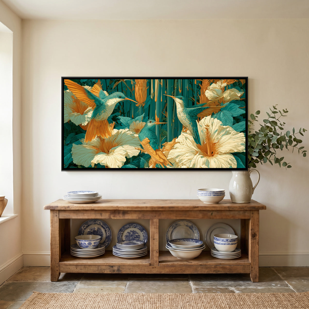 Chinoiserie Hummingbirds — canvas art shown in a styled room