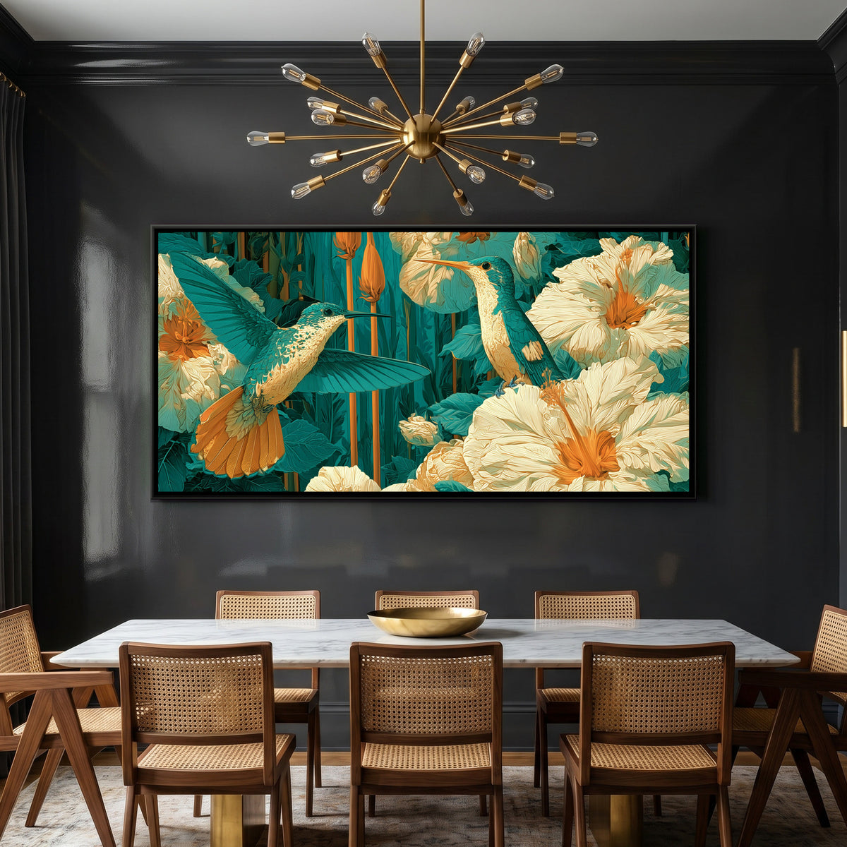Chinoiserie Hummingbirds — framed canvas art hung on a wall