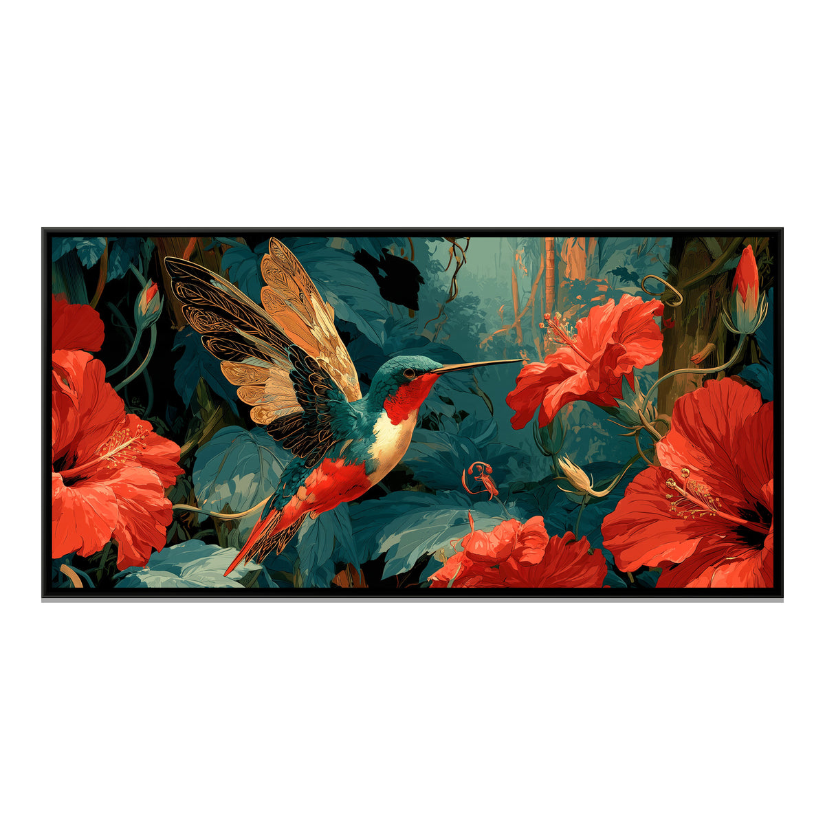 Hummingbird and Hibiscus — framed canvas print, front view
