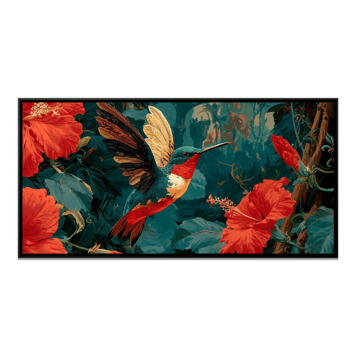 Hummingbird and Hibiscus — framed canvas print, front view