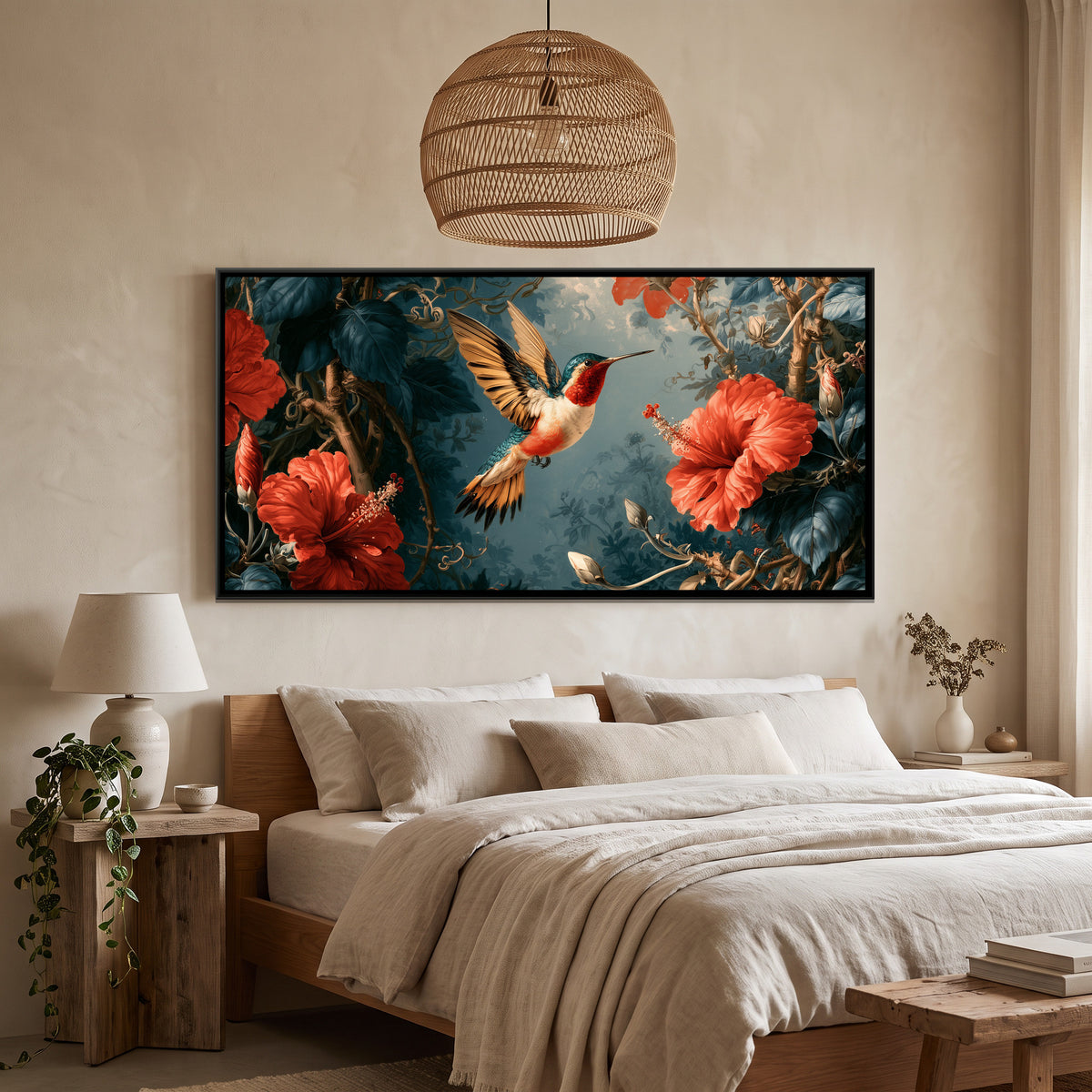 Hummingbird and Hibiscus — canvas art shown in a second room setting