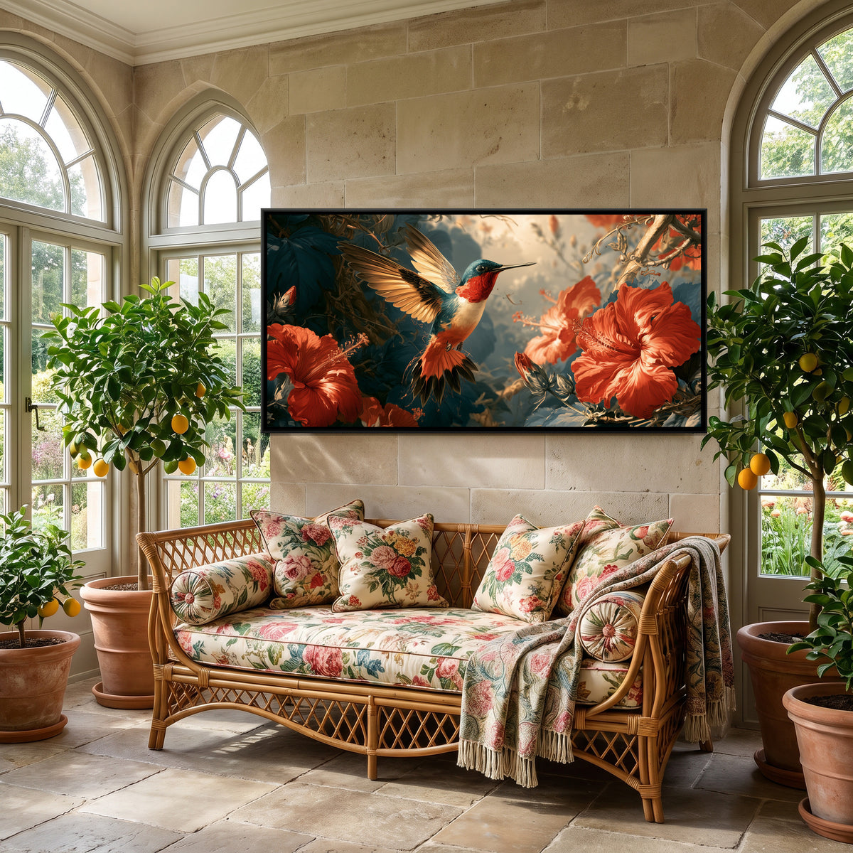 Hummingbird and Hibiscus — canvas art shown in a styled room