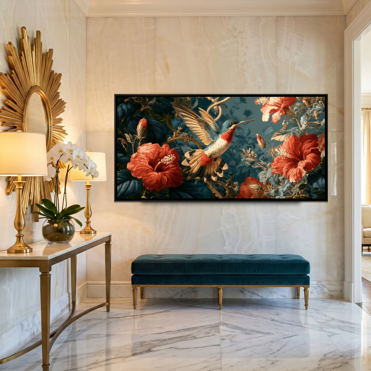 Hummingbird and Hibiscus — canvas art shown in a second room setting