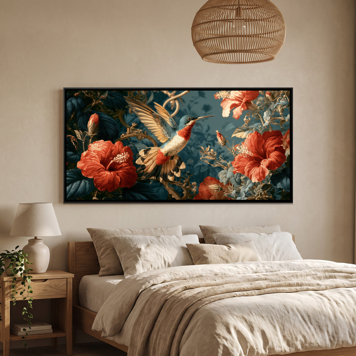 Hummingbird and Hibiscus — framed canvas art hung on a wall