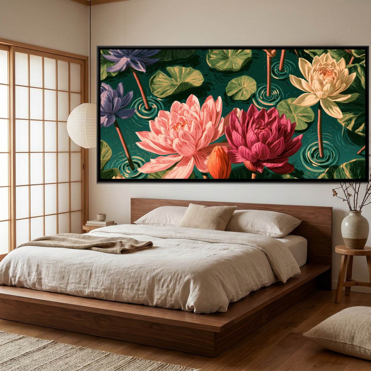 Lotus Pond — canvas art shown in a styled room