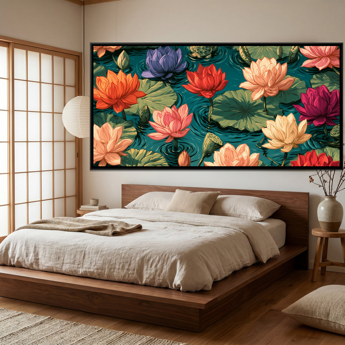 Lotus Pond — canvas art shown in a styled room