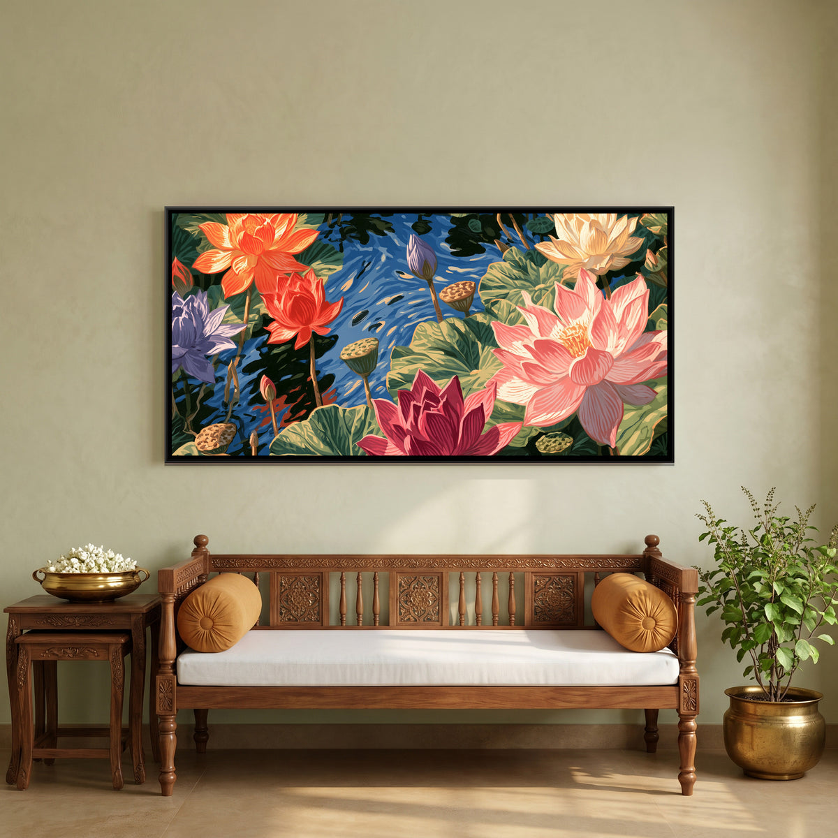 Lotus Pond — canvas art shown in a second room setting